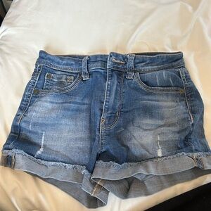 Wallflower Distressed Rolled Hem Denim Shorts - Blue